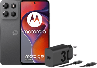 Motorola Moto G15 Power 256 Go Gris 4G + Motorola Chargeur 30 W Noir + Câble USB-C