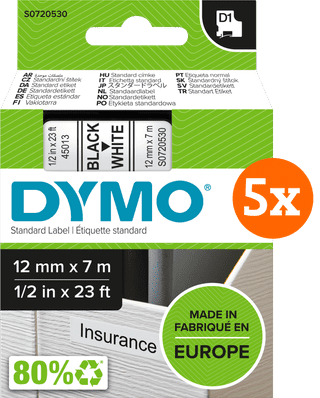 DYMO D1 12mm x 7m Zwart Wit Labels 5-pack