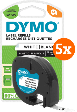 DYMO LetraTag 12mm x 4m Zwart Wit Labels 5-pack
