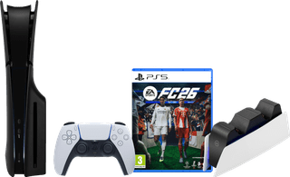 PlayStation 5 Slim Disc Edition + FC 26 + Covers Black + Charging Dock