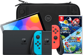 Nintendo Switch OLED Bleu/Rouge + Super Mario Galaxy 1+2 + BlueBuilt Étui de Protection