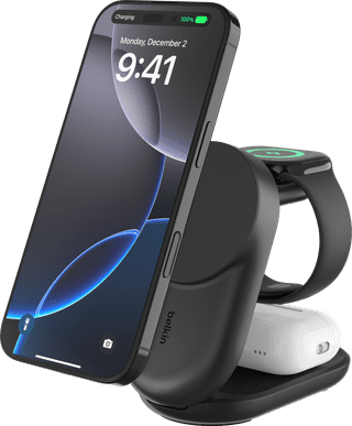 Belkin UltraCharge 3-in-1 MagSafe Draadloze Oplader met Standaard Qi2 25W Zwart