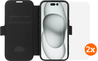 BlueBuilt Apple iPhone 16 Book Case Leer Zwart + Screenprotector Glas Duo Pack