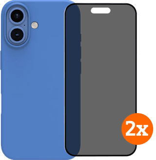 BlueBuilt Back Cover iPhone 16 Bleu + Protège-écran avec Filtre de Confidentialité Verre Lot de 2