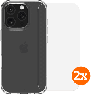 BlueBuilt Protective Back Cover iPhone 16 Pro Transparent + Protège-écran Verre Lot de 2