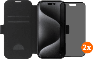 BlueBuilt Apple iPhone 16 Pro Book Case Cuir Noir + BlueBuilt Protège-écran de Confidentialité Verre Lot de 2