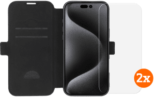 BlueBuilt Apple iPhone 16 Pro Max Book Case Leer Zwart + Screenprotector Glas Duo Pack