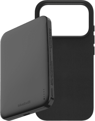 BlueBuilt MagSafe Hoesje iPhone 18 Pro Leer Zwart + Powerbank 5.000 mAh Grijs