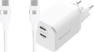 BlueBuilt Power Delivery Oplader met 2 Usb C Poorten 65W + Usb C Kabel 1,5m Nylon Wit